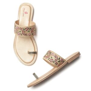 Women's Golden Embroidered Slip On Ethnic Flats Chappals